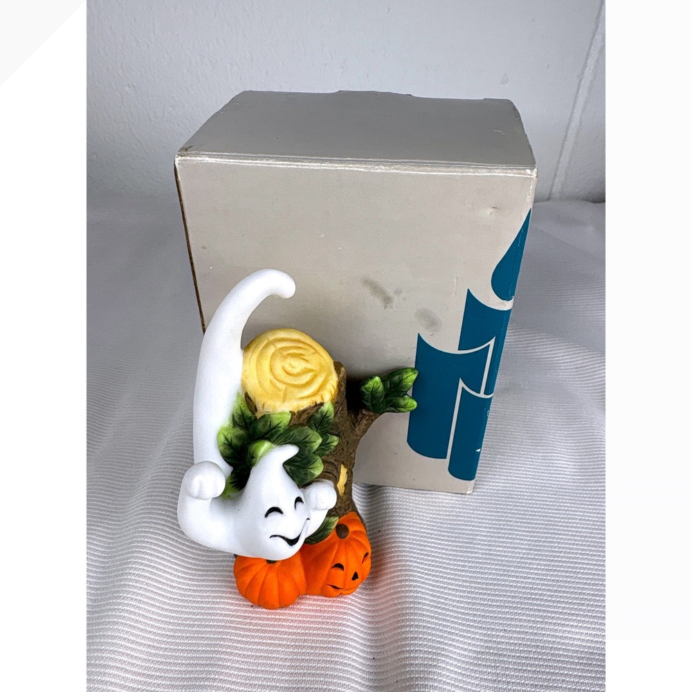 PartyLite Ghost Snuffer P7025 Halloween Ceramic Tree Stump Pumpkin Figurine